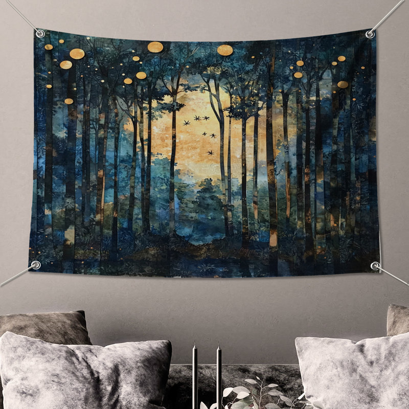 Abstract Forest Moonlight Wall Tapestry - Forest Wall Decor, 68in H x80in W with 4 Grommets