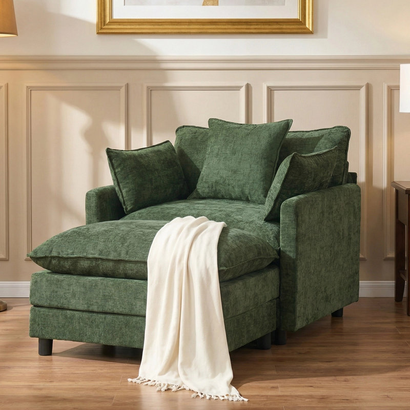 Fauteuil d'appoint surdimensionné en chenille avec repose-pieds, Vert