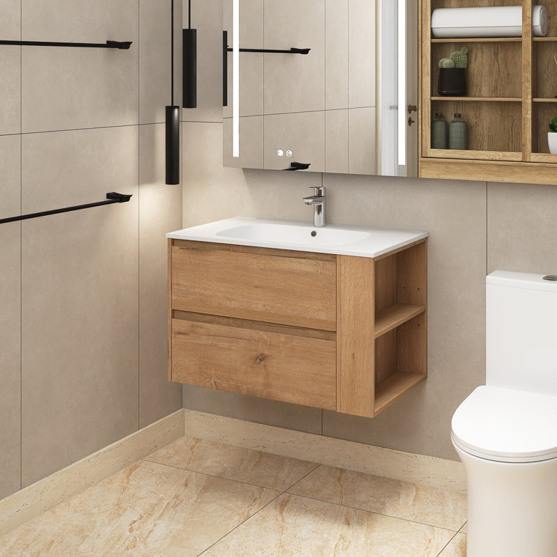 Meuble-lavabo simple 30 po avec plateau en acrylique Sagen, Imitation chêne