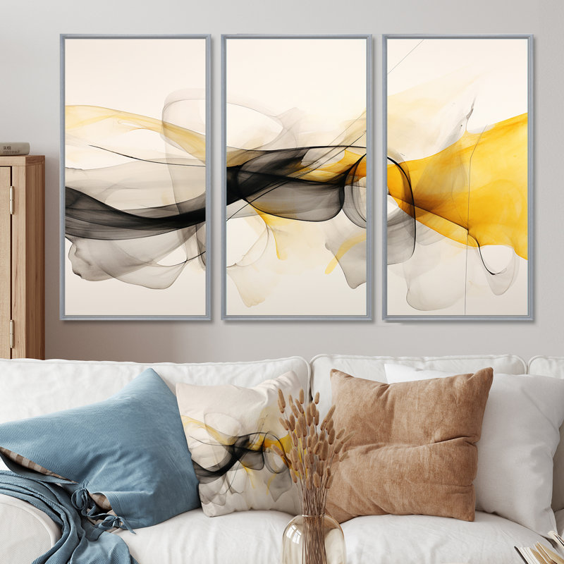 Mariage de noir et jaune - ensemble d'art mural abstrait à encre liquide, Encadrement argenté, H 28 po x l 36 po x P 1 po