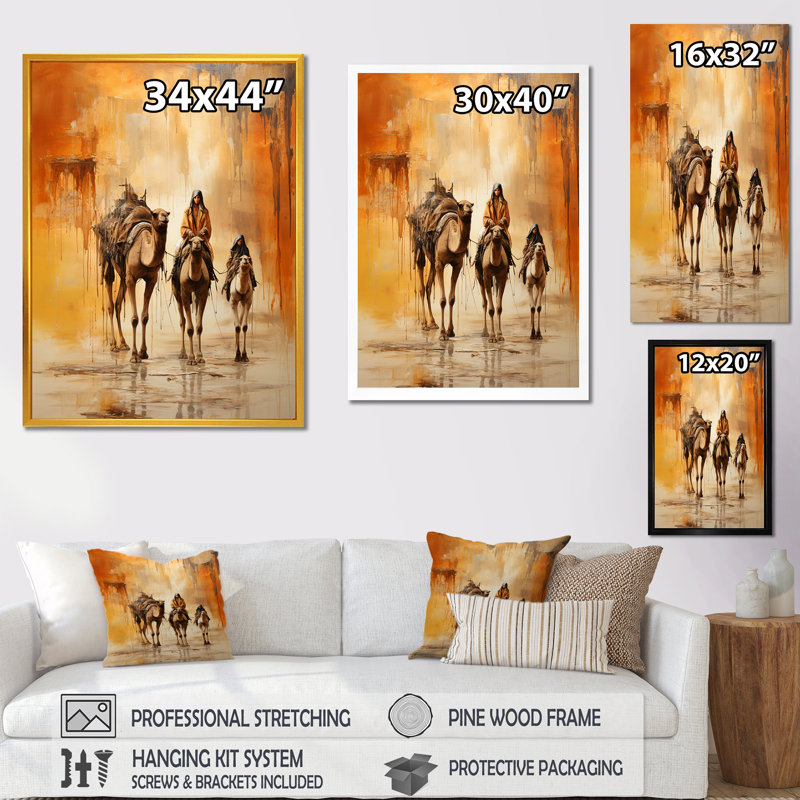 Voyage en arabe sur la route de la soie II - Art mural arabe, Cadre flottant doré, H 32 po x l 24 po x P 1 po