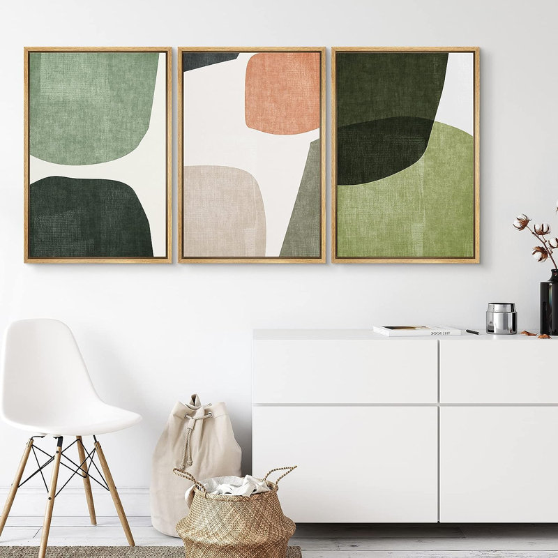 Mid Century Shape Green Tripyth Multicolor Ovals Abstract Mid Century Modern Framed Canvas 3 Pieces Print Wall Decor