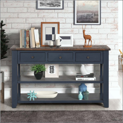 Vintage Solid Pine Wood Top Console Table, Entryway Sofa Side Table with 3 Storage Drawers & 2 Open Shelves, Easy Assembly Accent Table for Hallway Living Room