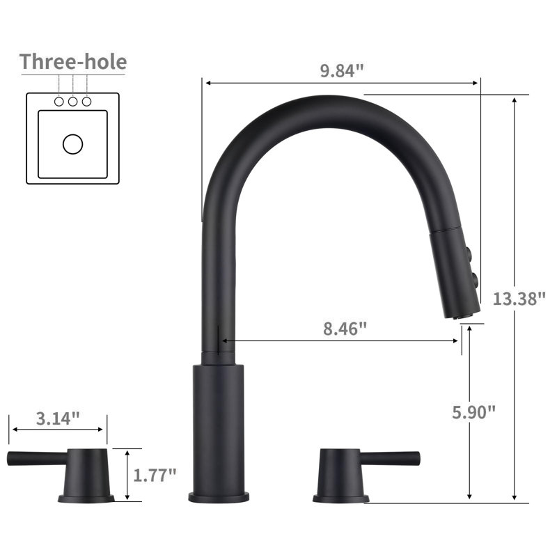 Robinet de cuisine à deux poignées en acier inoxydable, robinet d'évier à trois trous, robinet rétractable., Noir mat