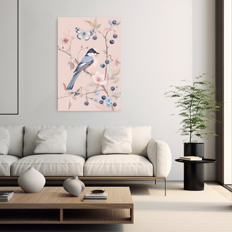 Pastel Bird On Branch Delicate Serene Tranquil Butterfly Bird Nature Spring Wall Art Print by Mathieu - Wrapped Canvas Print