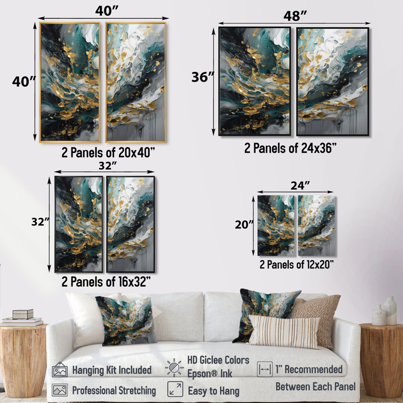 Encre dorée sarcelle sur pierre - reproductions d'art abstrait sur toile, 36" H x 48" W, Impression encadrée flottante, Brown