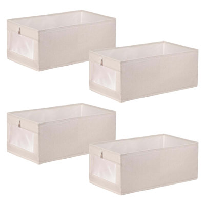 Ensemble de 4 paniers de rangement pliables en lin avec fenêtre transparente, moyen, beige, pour la chambre à coucher