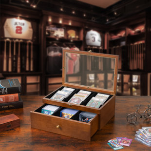 Trading Card Storage Box ，70+ Graded Card Holder With Custom Drawer, Wooden Sports Card Display Case With Large Clear Window