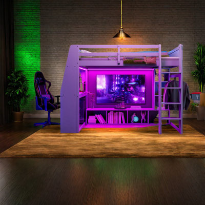 Modern Multifunctional Wood Loft Bed With Storage, Desk, And Led For Home