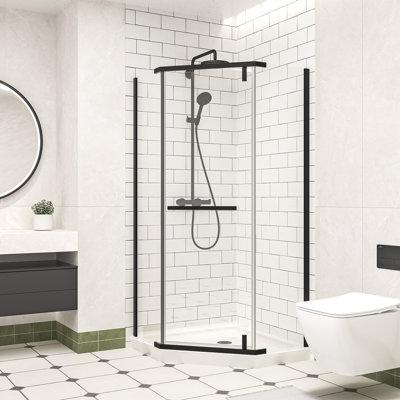 Cabine de douche pivotante de 35,56 po x l 35,56 po x H 72 po avec verre trempé transparent de 1/4 po, cabine de douche sans cadre avec film antidéflagrant et revêtement nano, porte de douche néo-angle au fini noir mat, installation réversible
