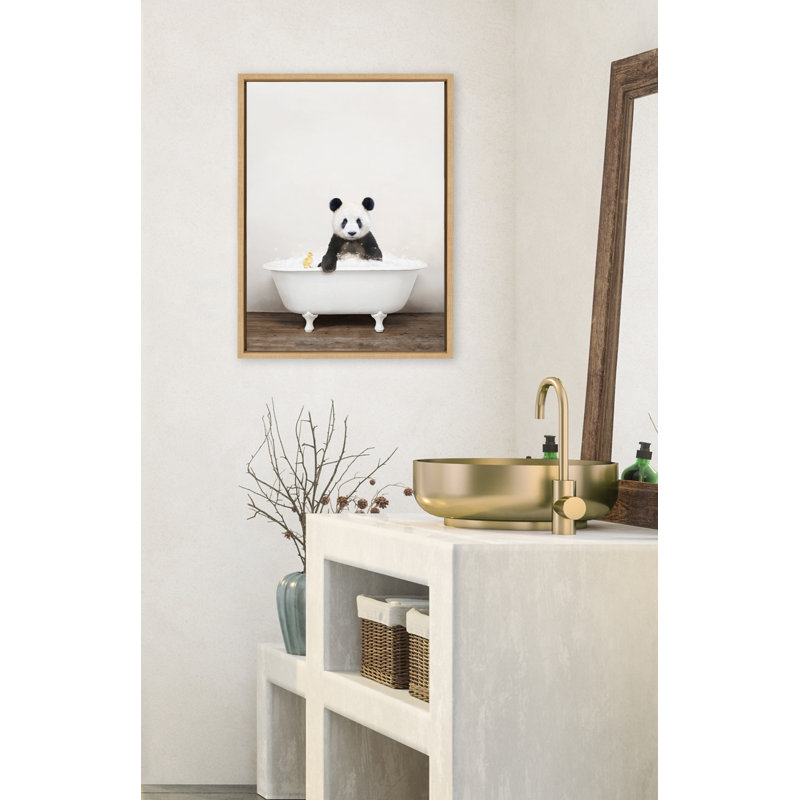 Panda Waving in Rustic Bath Framed Canvas by Amy Peterson Art Studio 18x24, Natural Framed