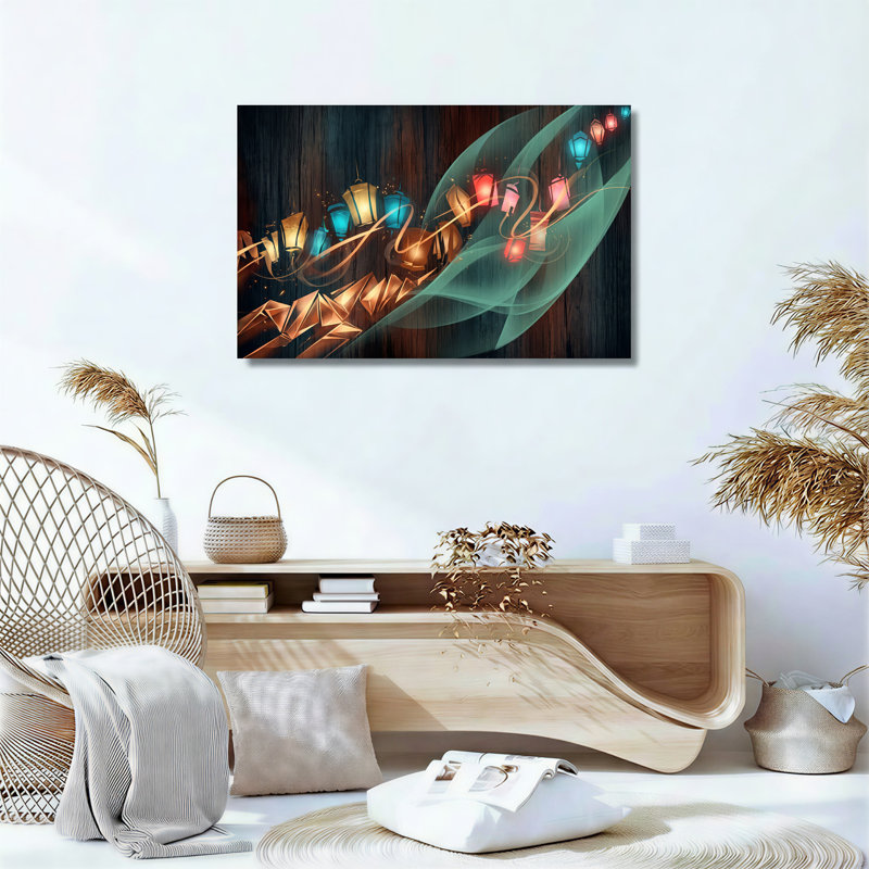 Art mural sur toile lanternes brillantes et cristaux dorés en tourbillons bleu sarcelle, 12"H x 18"W