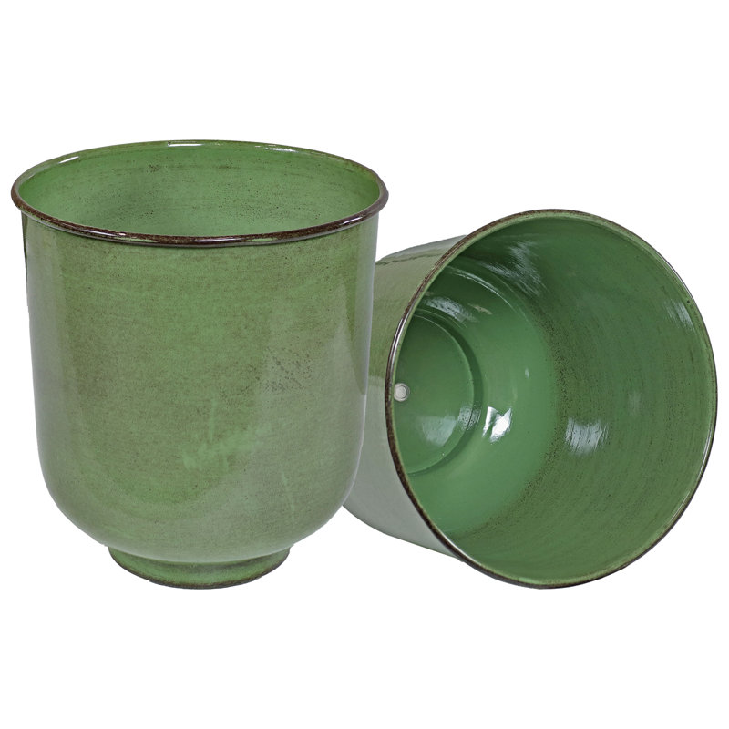 Pot de fleurs extérieur rond en métal Keirstyn - 11 po x 11 po x 12 po - vert - ensemble de 2, Bleu sarcelle, 2