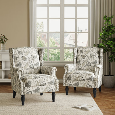 Fauteuil à oreilles tapissier à motif floral beige Duward Plants