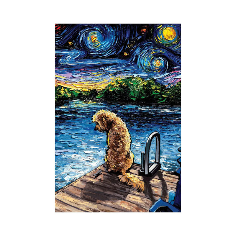"Goldendoodle Night III" par aja Trèves, reproduction d’art, H 26 po x l 18 po x 1,5 po, Toile tendue, Pas de tapis