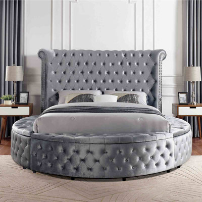 Glam 1pc Queen Size Bed Round Storage Black Velvet Like Acrylic Button-Tufted Wingback Design Bedroom Furniture