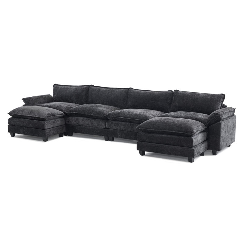 Canapé modulaire 4 places avec 2 repose-pieds Latitude Run®, Chenille noir
