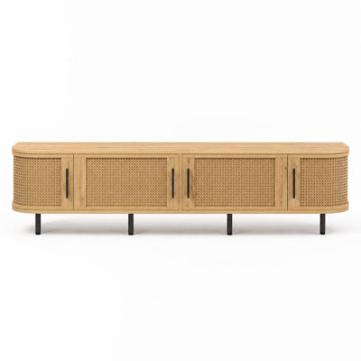 Meuble télé moderne avec portes en rotin pour téléviseur de 80 po ou moins, console média avec amplement d'espace de rangement et trous pour la gestion des câbles, centre de divertissement avec pieds en fer