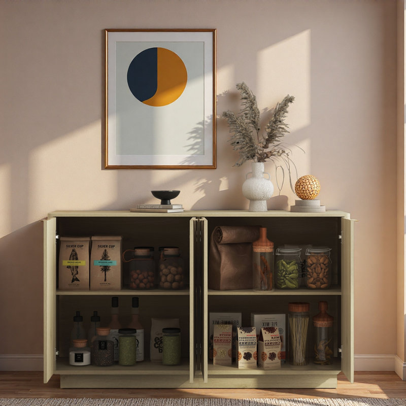 Buffet moderne cannelé avec tablettes réglables et poignées en métal, Naturel