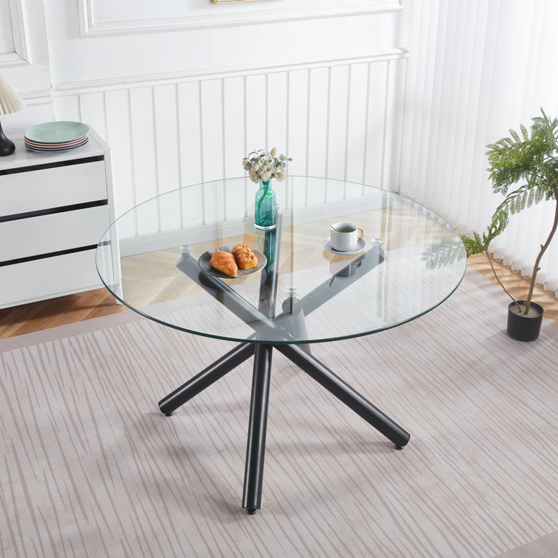 Round Dining Table with metal leg and tempered glass,Modern Space Saving Kitchen Table for Living Room, Black