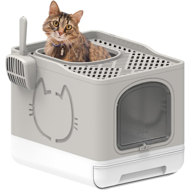 Litière pliable pour chat avec toilette anti-éclaboussures, Beige / blanc