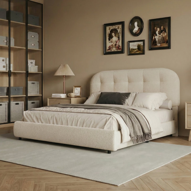Ensemble de chambre à coucher 3 pièces avec lit capitonné Modern, Grand lit, Crème