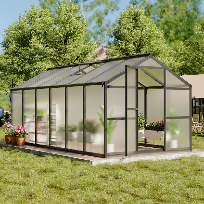 Serre 8 x 12 x 6,5 pi pour l'extérieur, serre en polycarbonate avec structure d'installation rapide et évent de toit