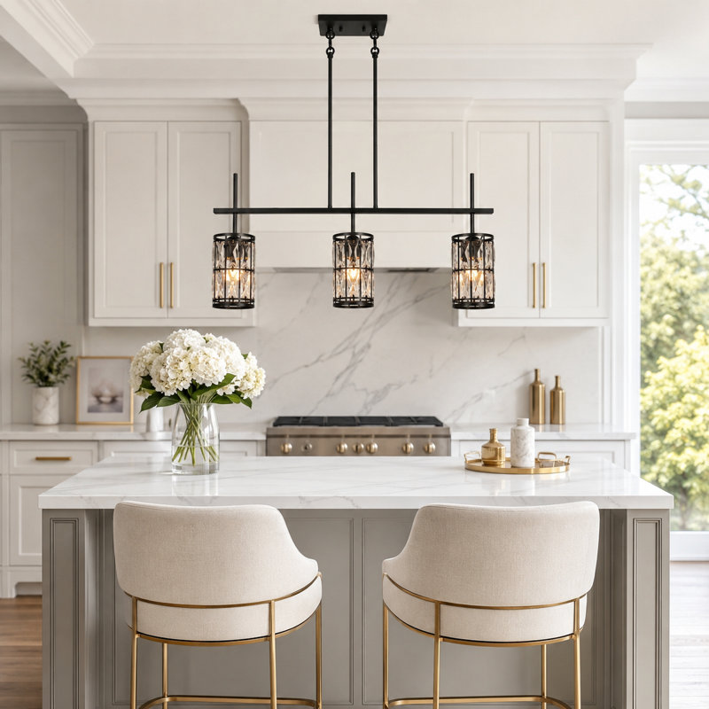  Baconton 3 - Light 31.5" W Glam Crystal Accents Kitchen Island Linear Pendant