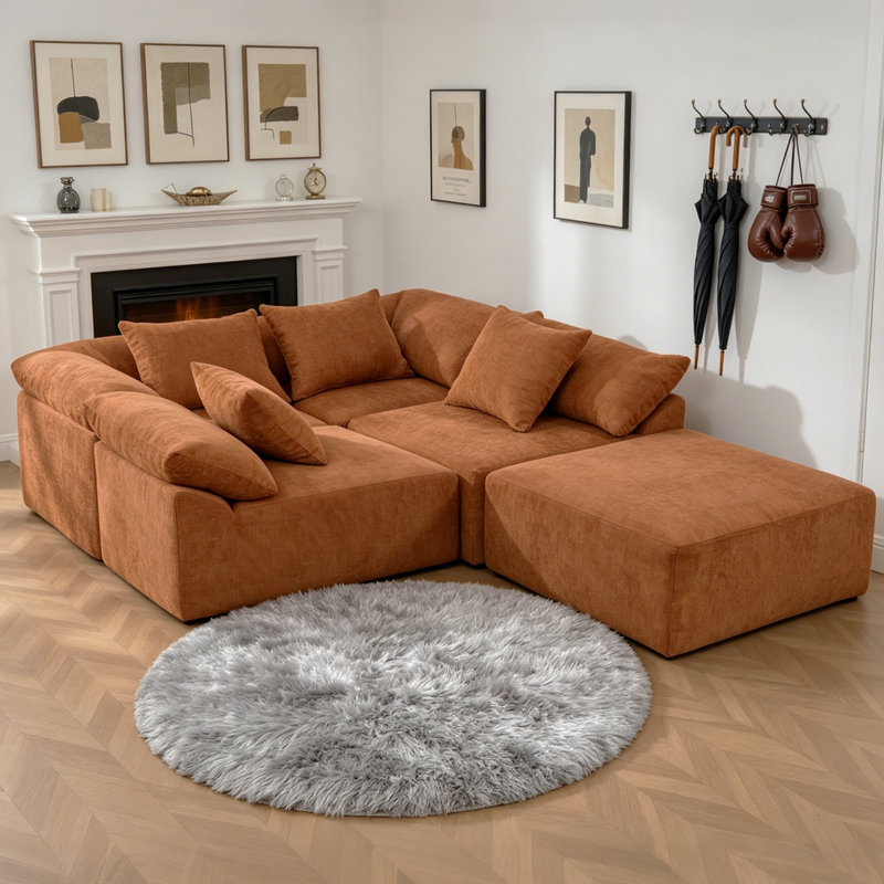 Cloudelle Boneless Modern Modular Couch Set,Cloud Sofa With 4 Pillows,Free Combination, Orange Chenille
