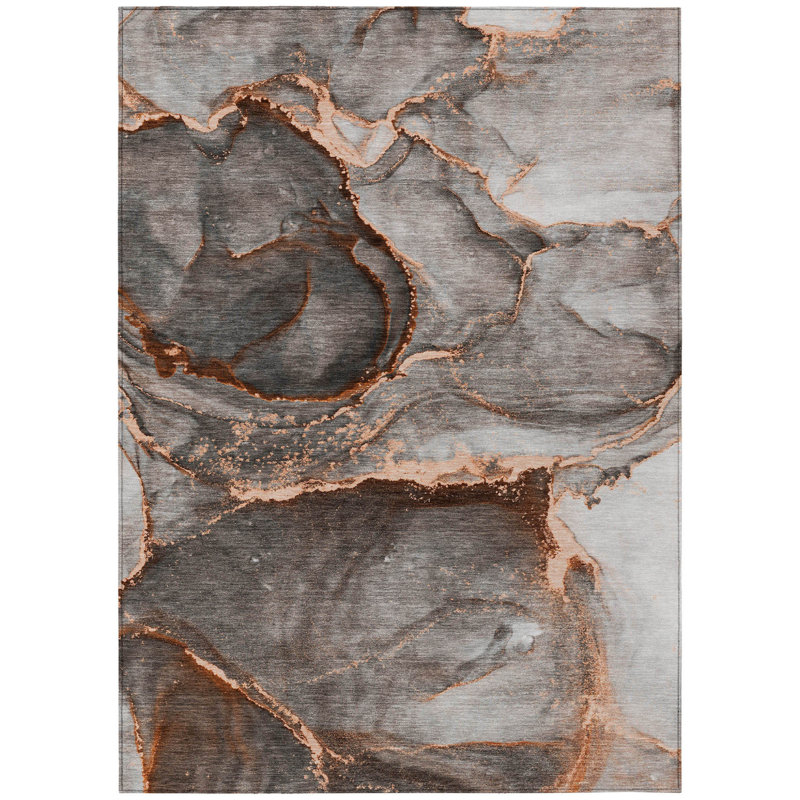 10' X 14' Peach Abstract Washable Non Skid Indoor Outdoor Area Rug