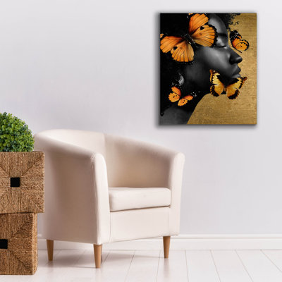  «Monicolore papillon doré 2» par Alonzo Saunders, art mural sur toile, 26 po x 30 po