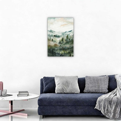 Green Winter Mist Mountain Forest Trees Canvas Wall Art,For Bedroom,Living Room​ 12" X 18"