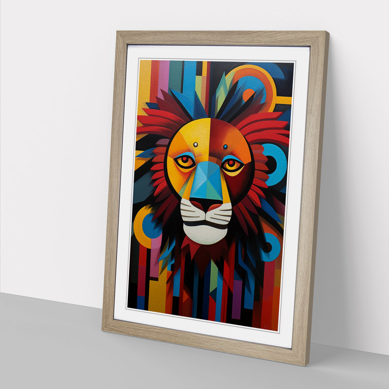 Lion Constructivism - Single Picture Frame Print on Wood, 34cm H x 25cm W x 2cm D, Oak