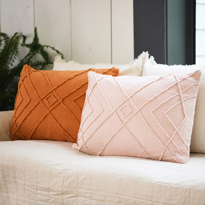 Blush Cotton Embroidered Geometric Lumbar Pillow