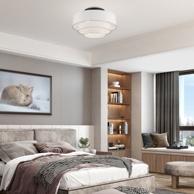 Très grand semi-encastré 4 lumières bronze avec abat-jour en tissu blanc cassé fabriqué à la main