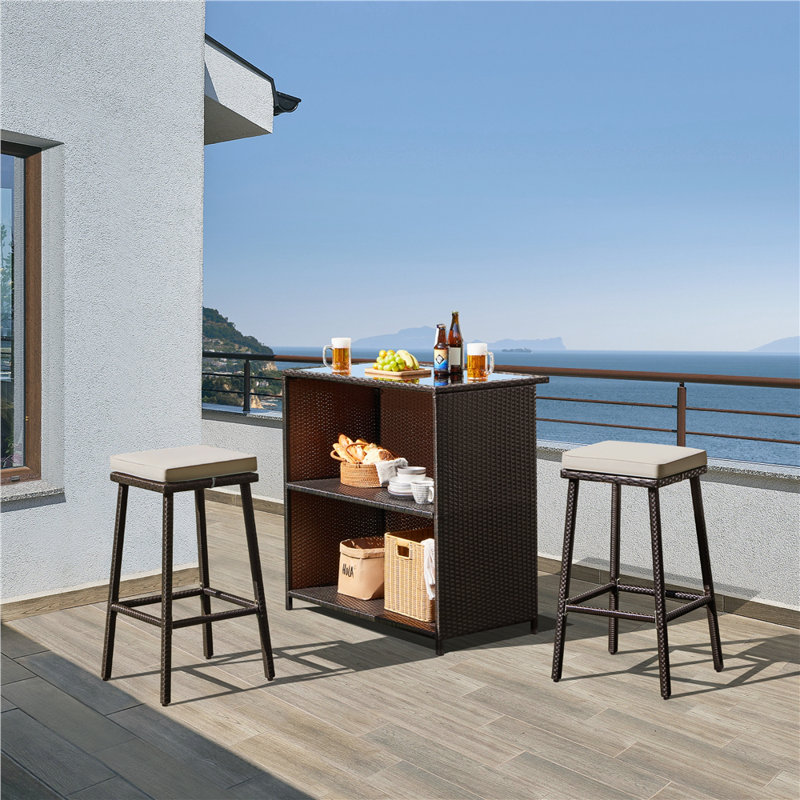 Ensemble de meubles de patio en rotin pour 2 personnes avec plateau en verre et deux tabourets rembourrés