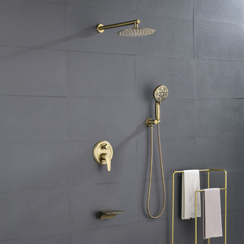 Ceiling Rain Shower System With Tub Spout Shower Faucet Set 12 Inch Shower Head And Handheld Shower Trim Kit, Brushed Gold