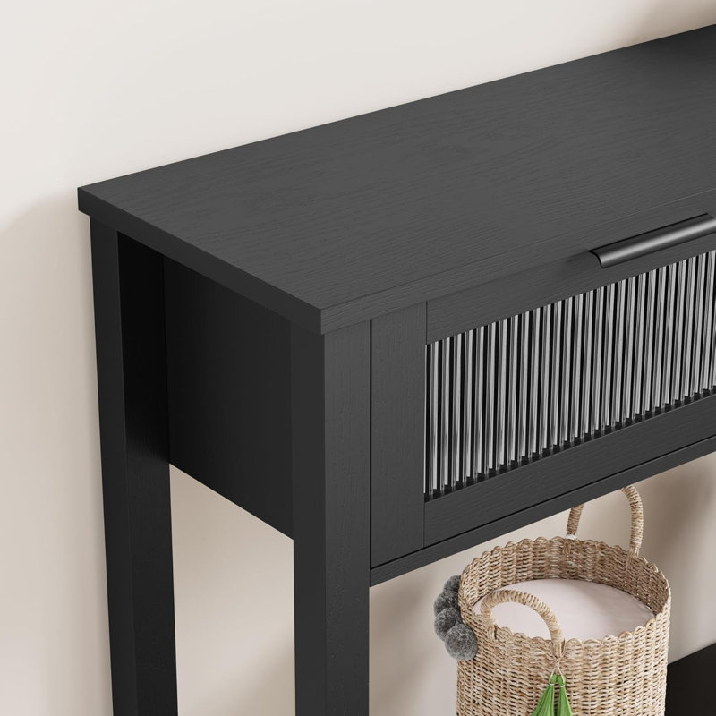 43'' Narrow Console Table with 2 Glass Drawers, 2-Tier Sofa Table for Entryway, Modern Side Table with Storage, Black