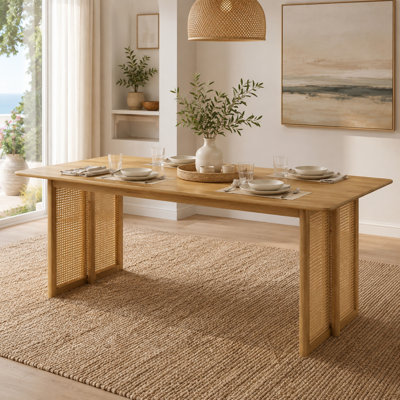 Vonnie 70.87" Rectangular Rubberwood Dining Table with Woven Rattan-Style Accents, 6-Person Kitchen & Dining Table, 800 lbs Capacity