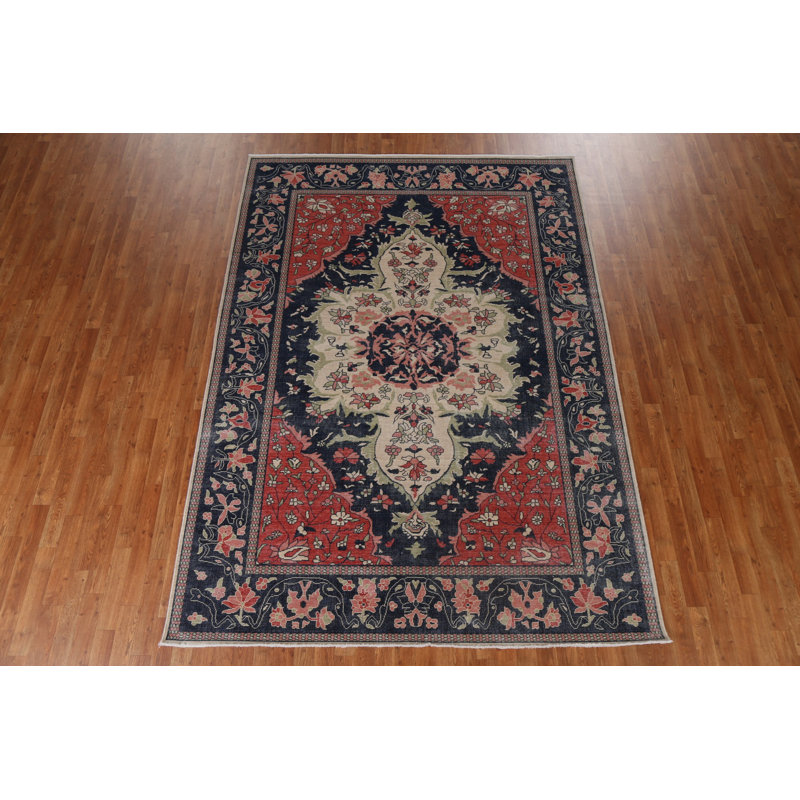 Tapis noir / rouge en laine noué à la main de conception unique 7 pi 0 po x 9 pi 9 po
