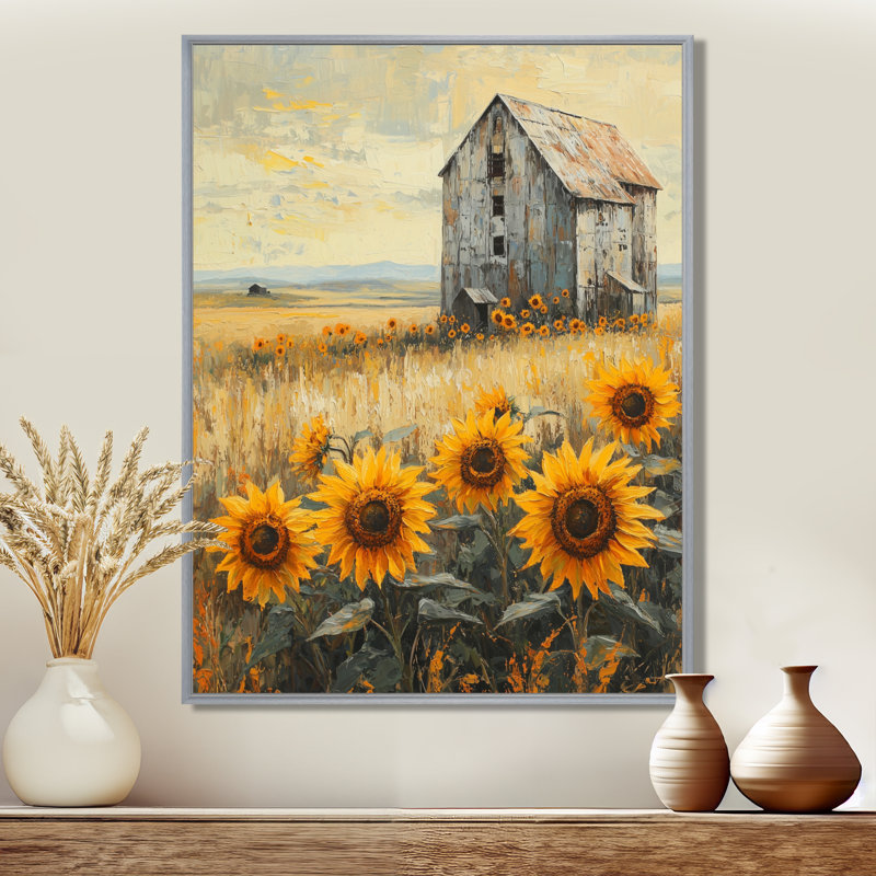 «Dotsy Sunflowers By The Grain Elevator», art mural tournesols, H 32 po x l 16 po, Reproduction avec cadre flottant
