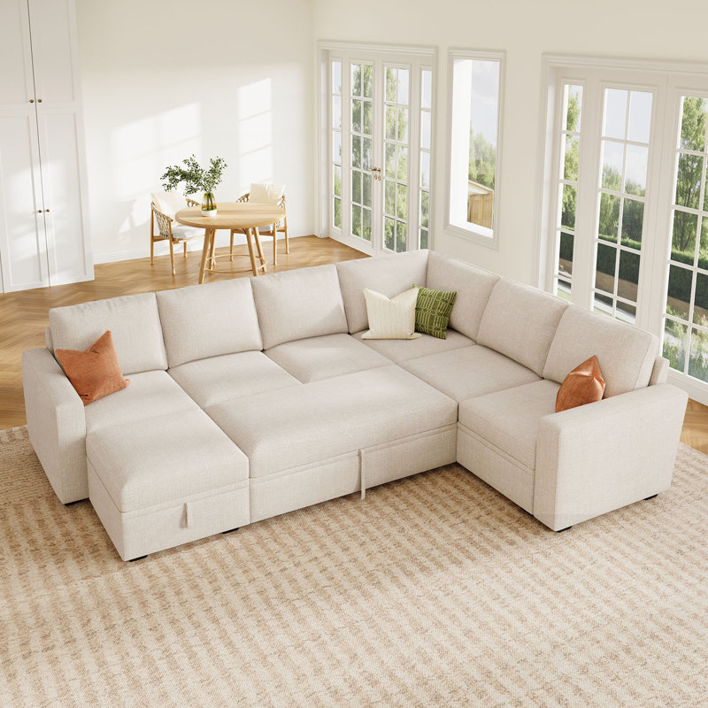 Niyona U Shaped Sleeper Sectional Modular Sofa Bed With Storage Chaise, Beige Polyester