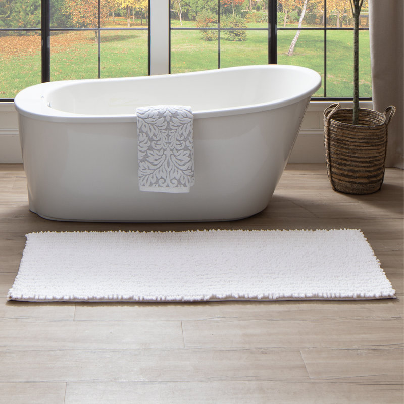 Tamayo Solid Plush Pile Stain/Fade Resistant Non-Slip Machine Washable Bath Mat, 24" W x 60" L, Arctic White