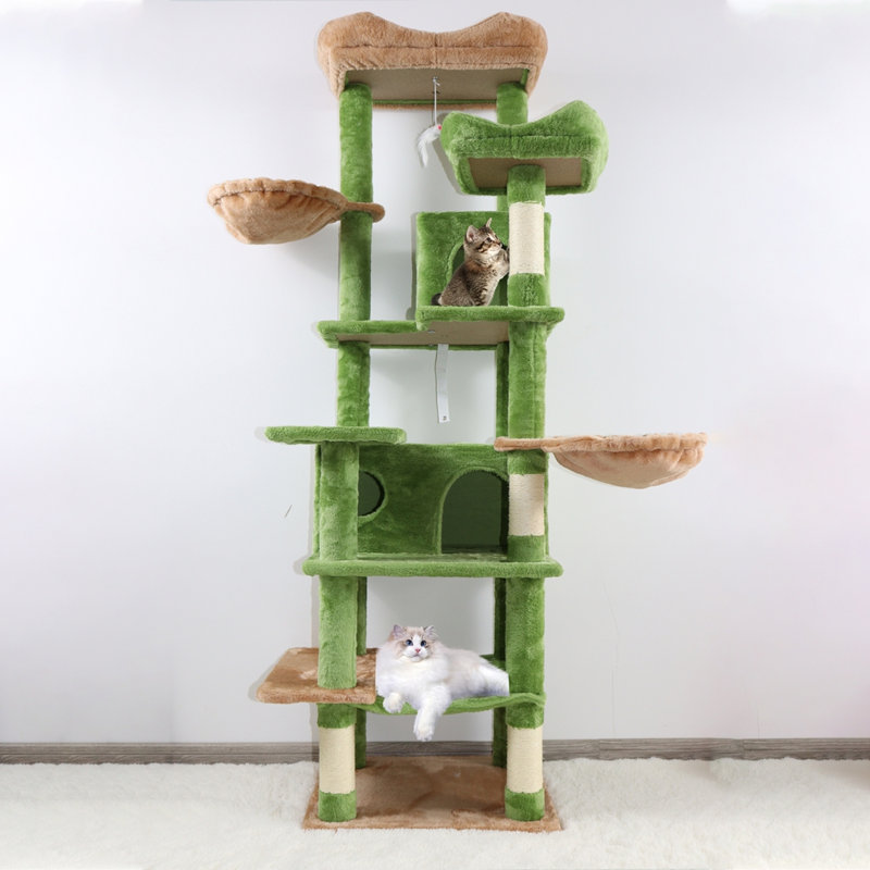 68" Tall Multi-Level Green Cat Tree with Hammocks, Hanging Basket, Cat Cave, Removeable Cushion, Scratching Posts