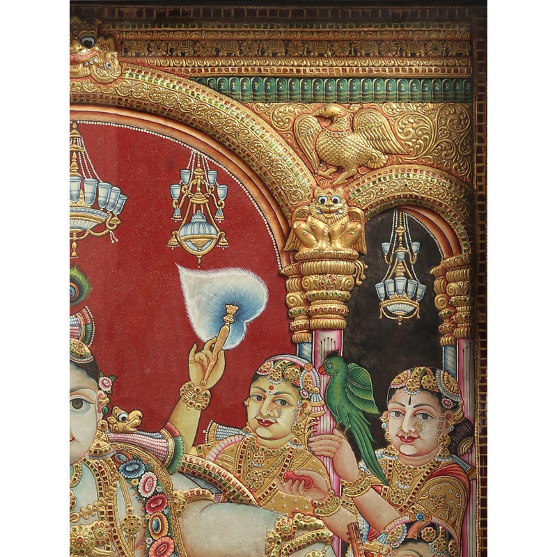 Superbe Darbar Krishna | Peinture embossée de Tanjore | Avec cadre en bois de teck rétro