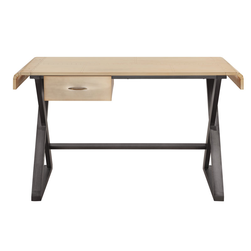 Bureau rectangulaire, dessus en aluminium doré en patchwork, piètement en métal en forme de X avec tiroir à fermeture douce