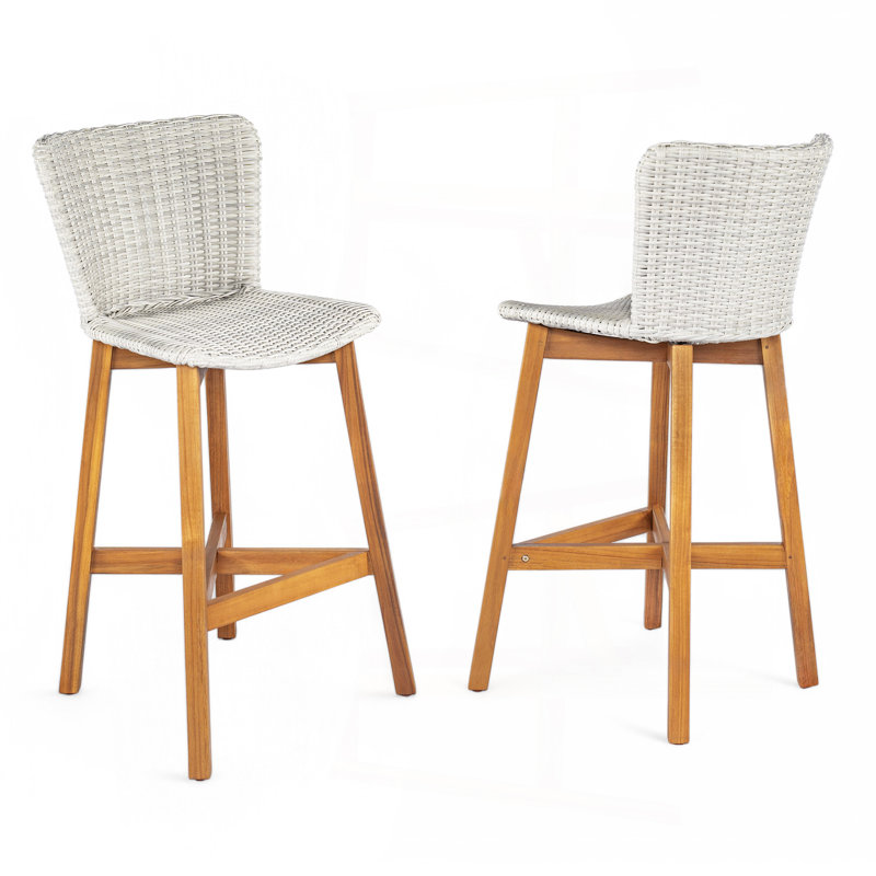 Lymington Outdoor Bar Stool, Teak Finished Wood With Light Grey Wicker, Set Of 2, Light Gray