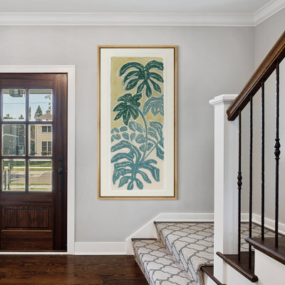 «Tropical Monstera Leaves in Layered Layered and Yellow Block Print», impression sur toile encadrée pour chambre principale
