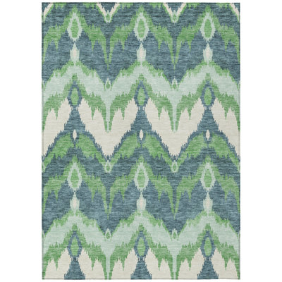 3' X 5' Green Ivory And Blue Ikat Washable Indoor Outdoor Area Rug