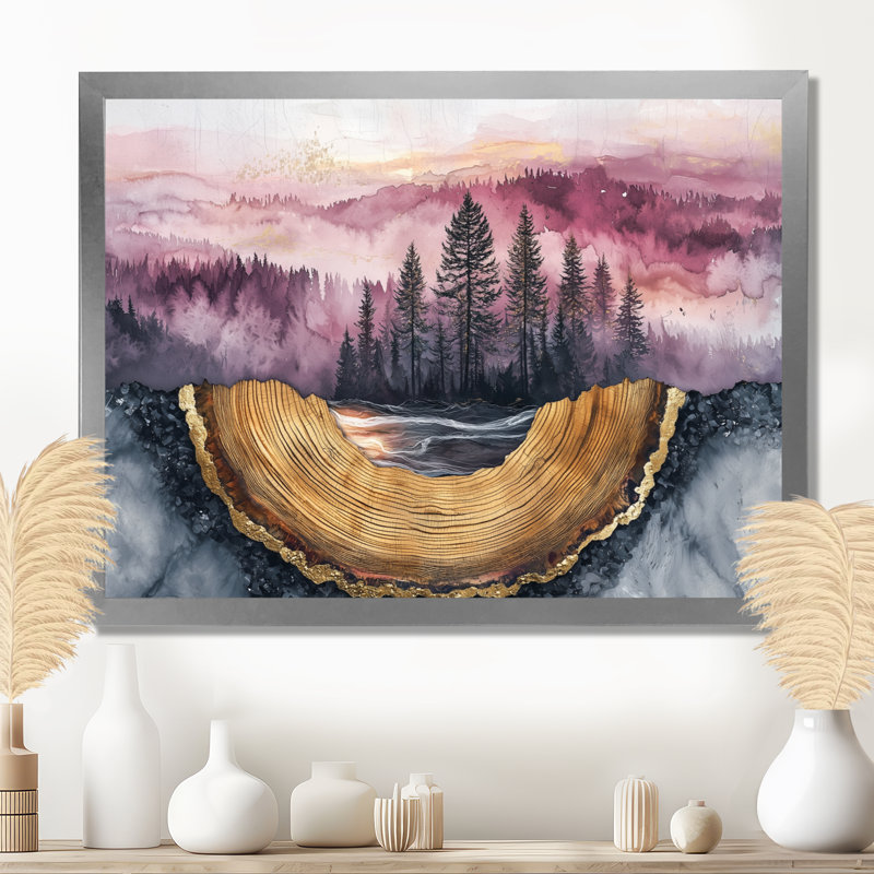 Forêt, rivière, améthyste, cristal IV - forêt, art mural, H 12 po x l 20 po, Cadre flottant, Argent argent